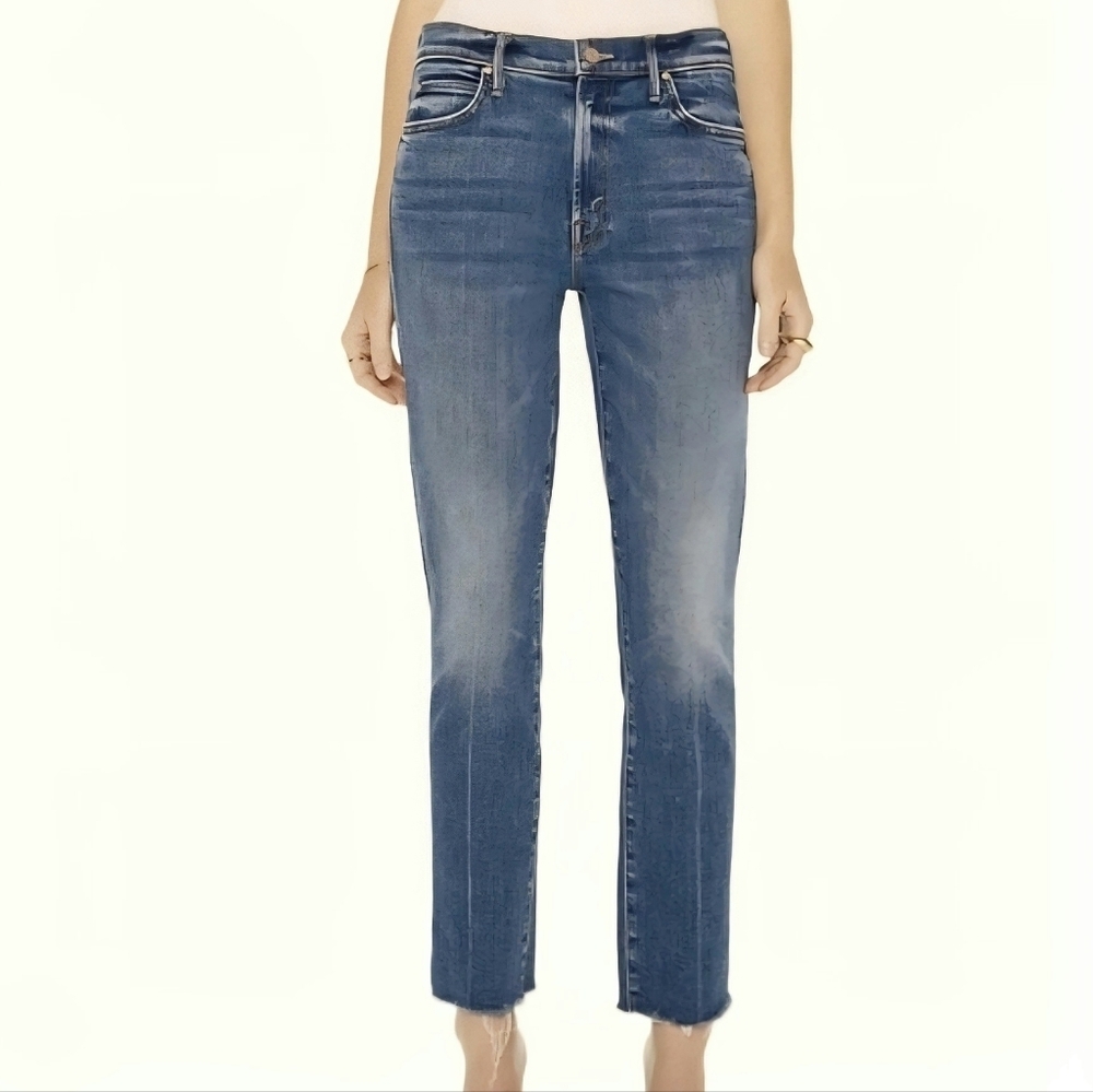 Mother Rascal Ankle Snippet Girl Crush Medium Wash Straight Leg Raw Hem Size 24